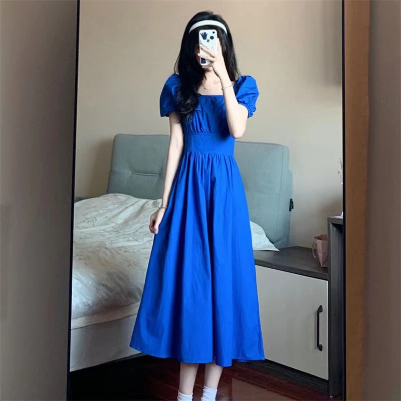 學院風克萊因藍方口領連衣裙女學生夏季收腰顯瘦中長款A字裙子