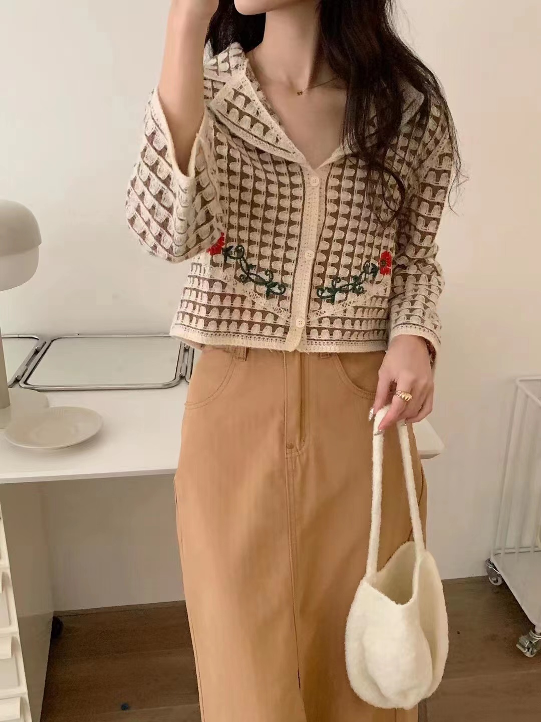 韓版小香風千鳥格外套女春秋2024新款高級感刺繡西裝領時尚開衫