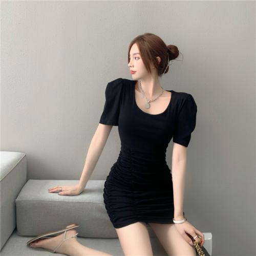 黑色短袖连衣裙女年夏季新款设计感镂空气质高腰显瘦包臀短裙