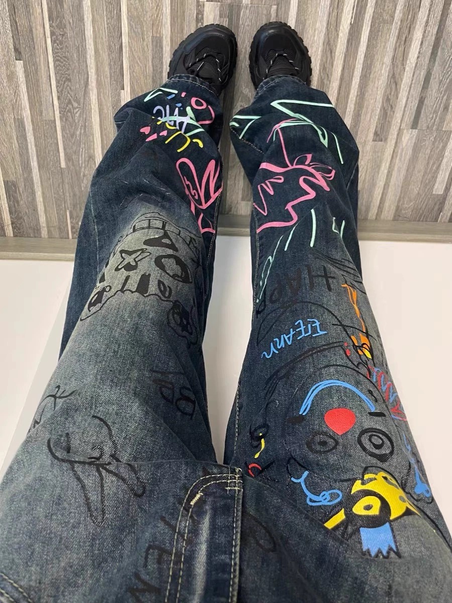 美式復古高街塗鴉牛仔褲子女春秋國潮小眾寬鬆顯瘦直筒闊腿拖地褲