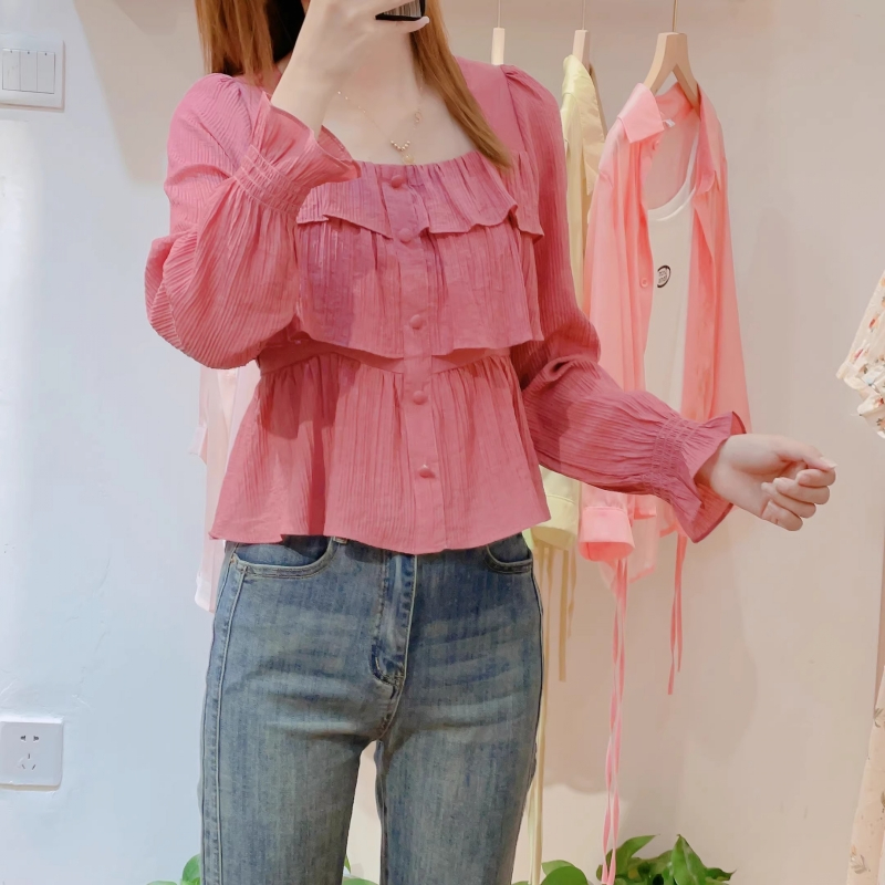 原版做工法式小眾荷葉邊拼接方領泡泡袖襯衫女2024春季百搭上衣