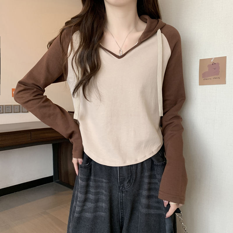 純棉連帽插肩顯瘦長袖T恤女秋胖妹妹設計感V領打底上衣