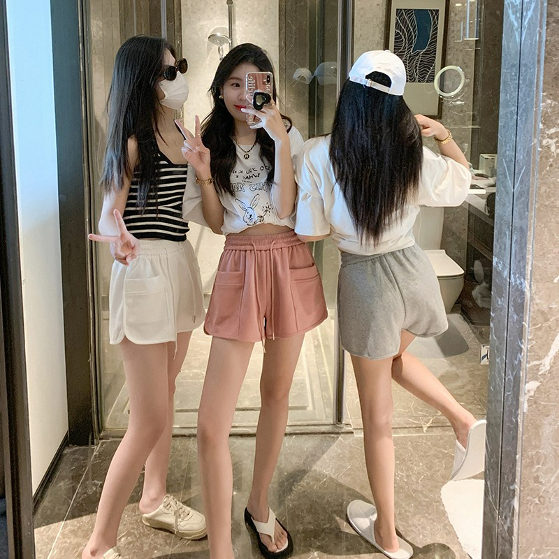 6535棉休閒運動短褲女夏季新款復古高腰休閒小眾抽繩直筒闊腿褲子