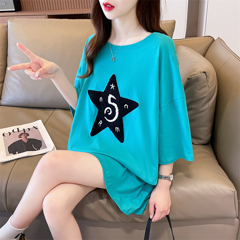 實拍質量/純棉/後包領/中長款時尚毛巾繡短袖T恤女