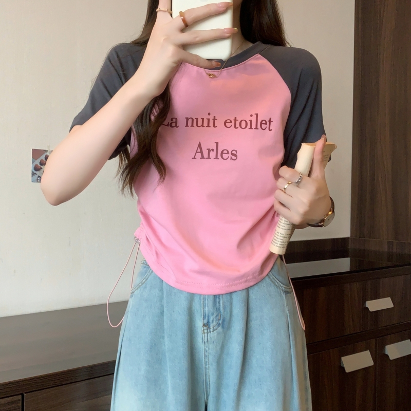 實拍0支純棉上衣2024夏裝抽繩印花短袖T恤女設計感小眾