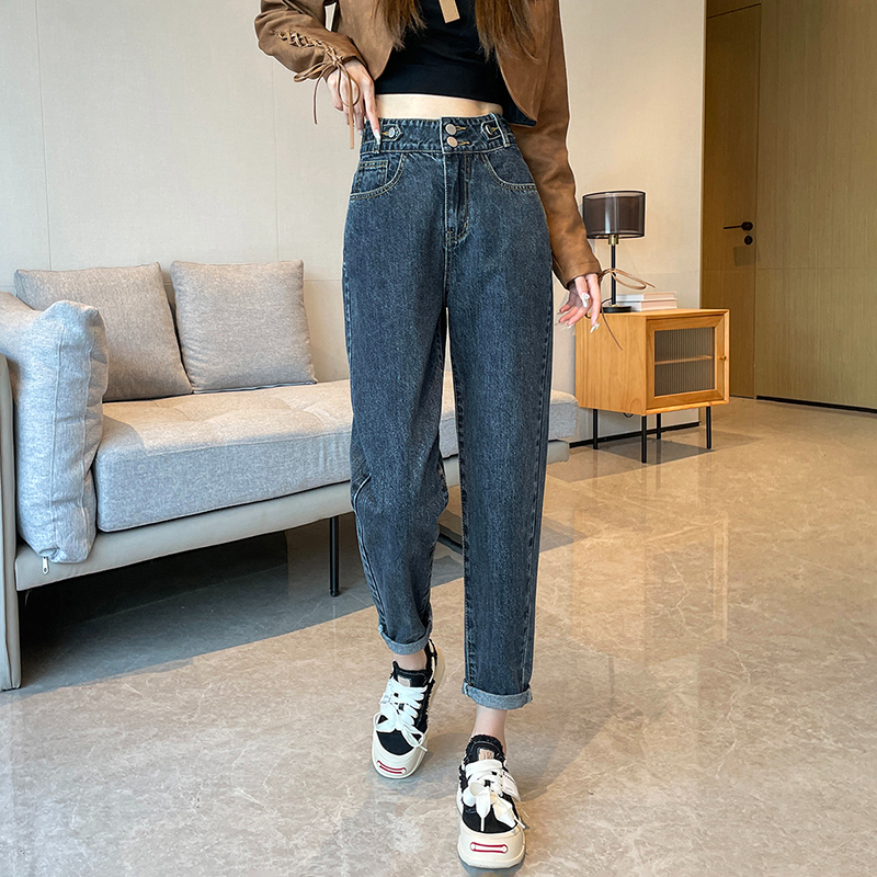 實拍2024春夏哈倫牛仔褲女顯瘦老爹小個子寬鬆蘿蔔九分褲子