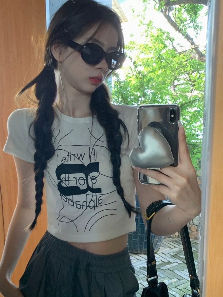 辣妹圓領短袖正肩白色T恤女夏季印花短款露臍上衣潮