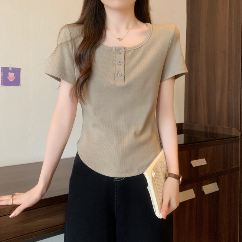 實拍 -40支純棉 2024夏裝3粒紐小眾設計感短袖T恤女