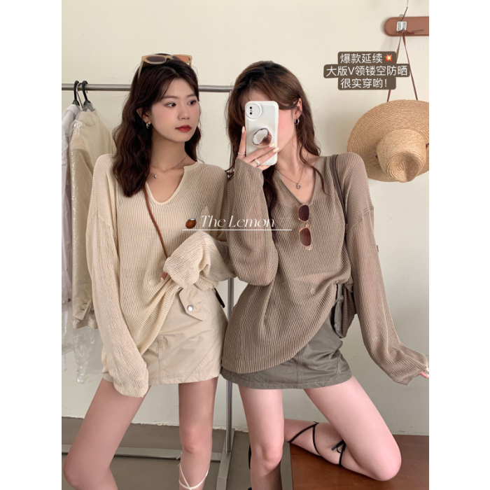 the lemon hollow sunscreen sweater women's thin blouse 2024 spring new top loose lazy style