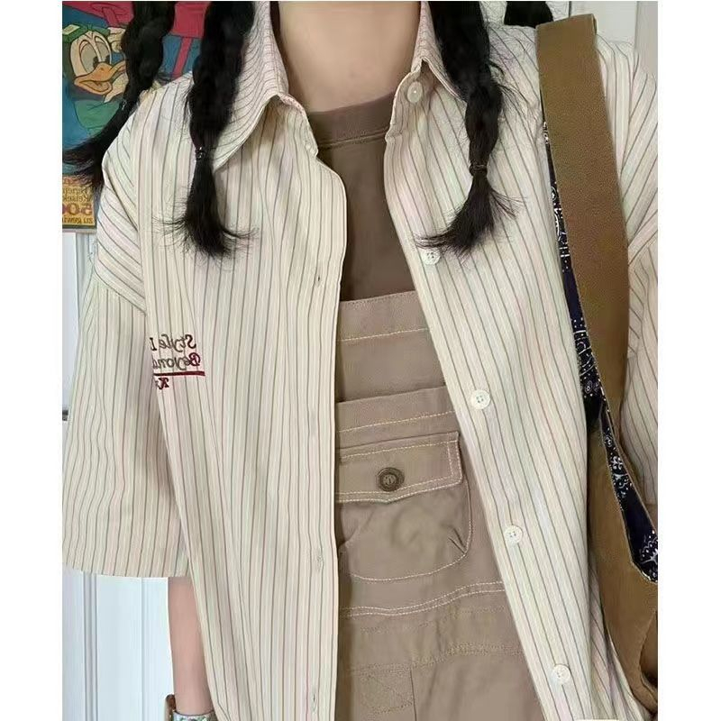 Salt striped short-sleeved shirt for women's outer wear design niche versatile large size shirt mid-length 2024 new trend