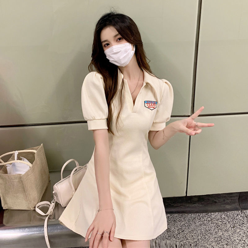 Waffle polo collar dress women's new summer letter sweet and spicy waist slimming short-sleeved A-line skirt college