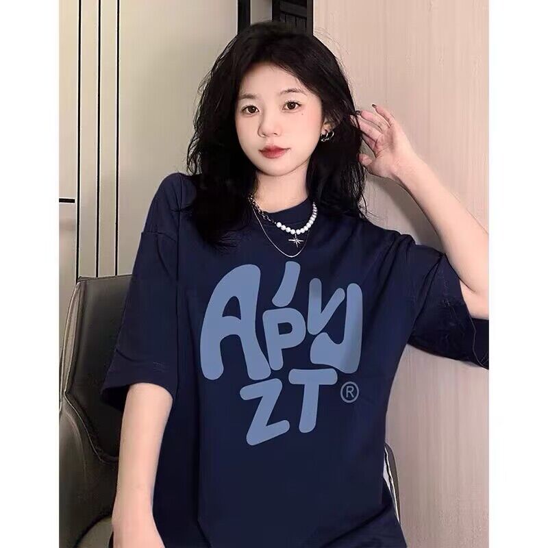 美式復古藏青色純棉短袖t恤女夏季新款oversize寬鬆情侶半袖上衣