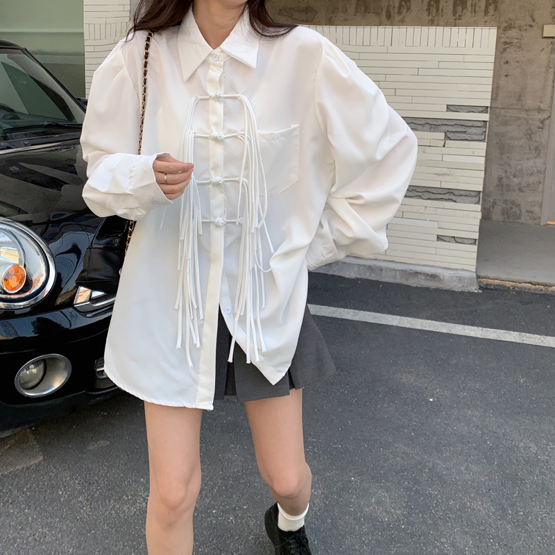 實拍 新中式復古盤扣流蘇白色襯衣女別致高級感長袖上衣