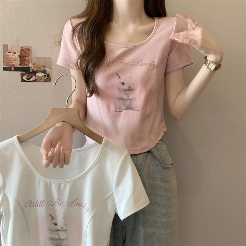 大碼兔子印花短袖T恤女夏正肩u領短款粉色甜辣小上衣