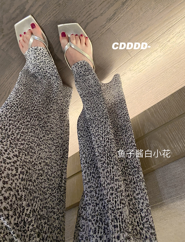 夏季寬鬆薄款冰絲小碎花拖地直筒長褲高腰顯瘦垂感百褶闊腿褲子女