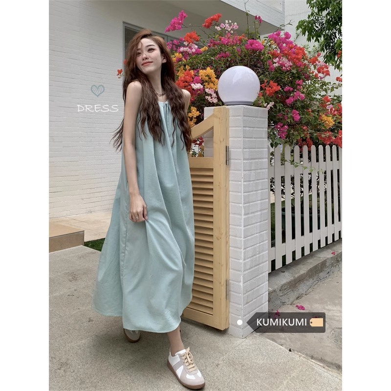 法式裙子海邊度假連衣裙女夏季小眾設計感寬鬆無袖背心裙a字長裙