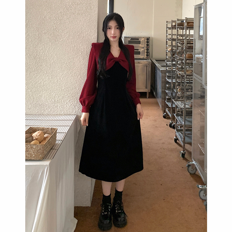 春秋赫本風高腰連衣裙美式淑女顯瘦遮肚子小個子長袖裙子