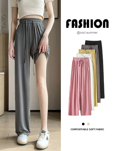 Ice silk wide-leg pants for women in summer thin high-waisted gray chiffon small casual slim straight floor-length pants