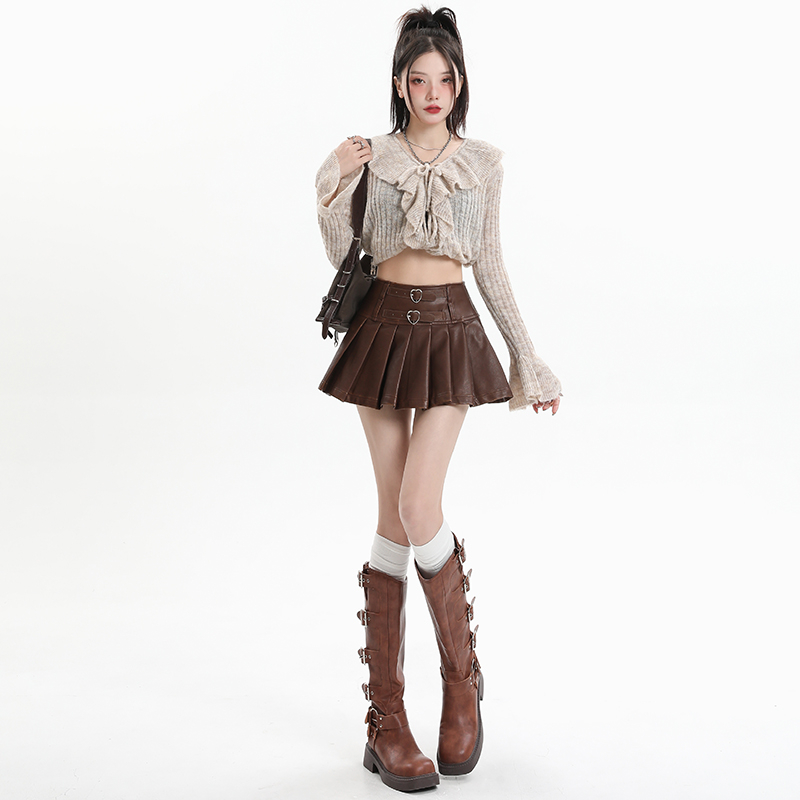 實拍2024春夏半身裙女愛心皮扣高腰a字百褶PU皮短裙