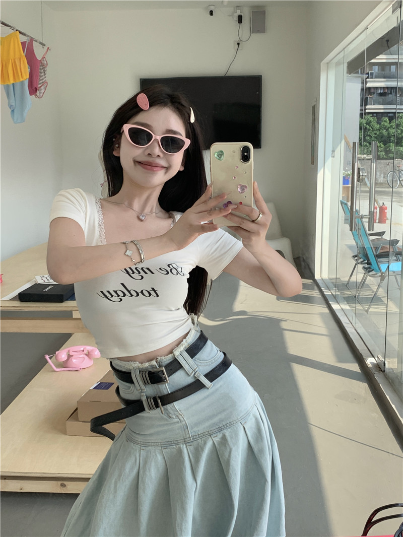 實拍印花蕾絲大圓領甜欲少女感短袖T恤