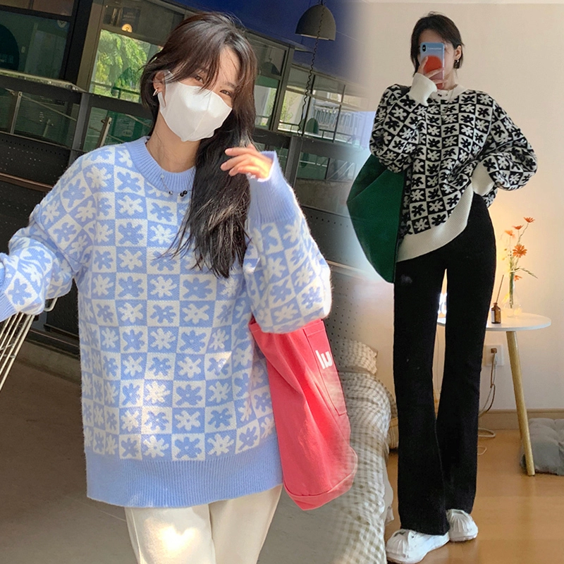 楊泡泡 奶藍格子毛衣女2024初秋新款寬鬆韓版慵懶風針織外套