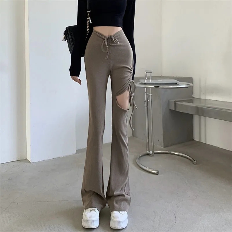 Designed micro-flare lace-up hollow casual pants for women spring 2024 new trousers high-waisted slim flared pants