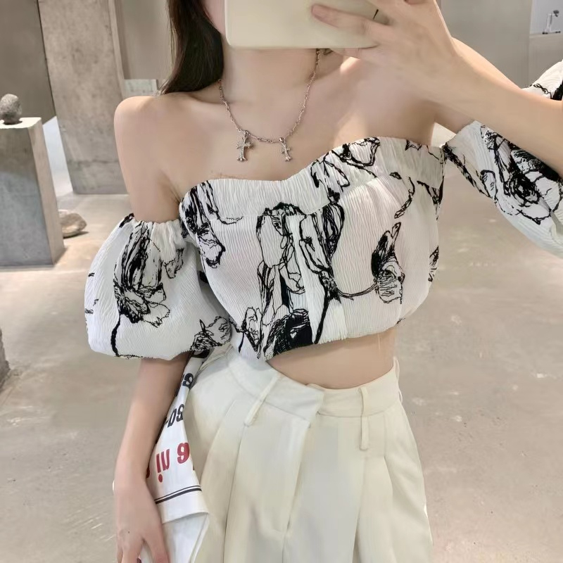 夏純欲風氣質一字肩短款收腰洋氣衫女小個子露肩短袖仙氣上衣