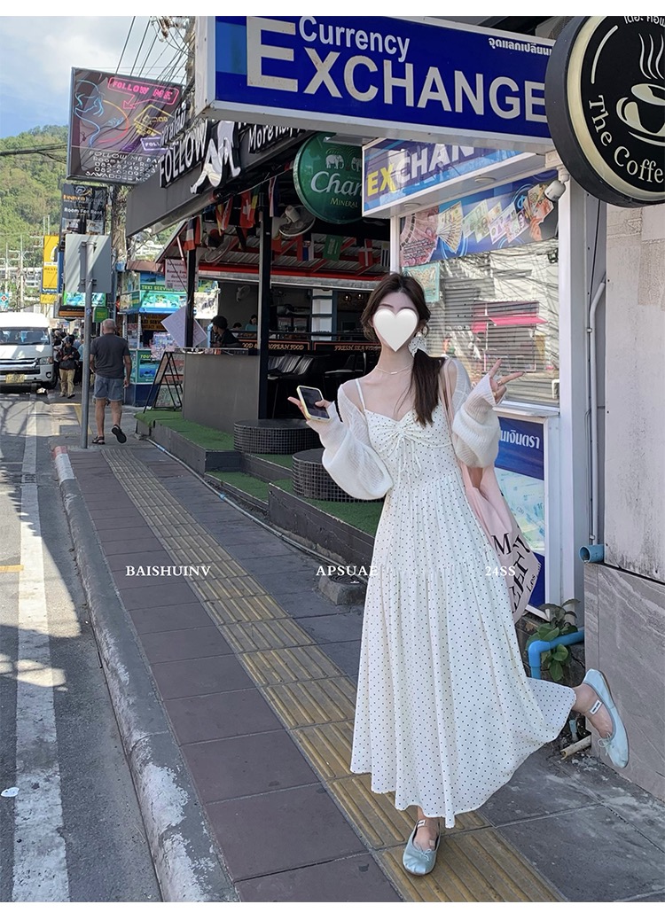 白水女露絲少女~波點吊帶連衣裙女初春款V領收腰顯瘦印花裙子