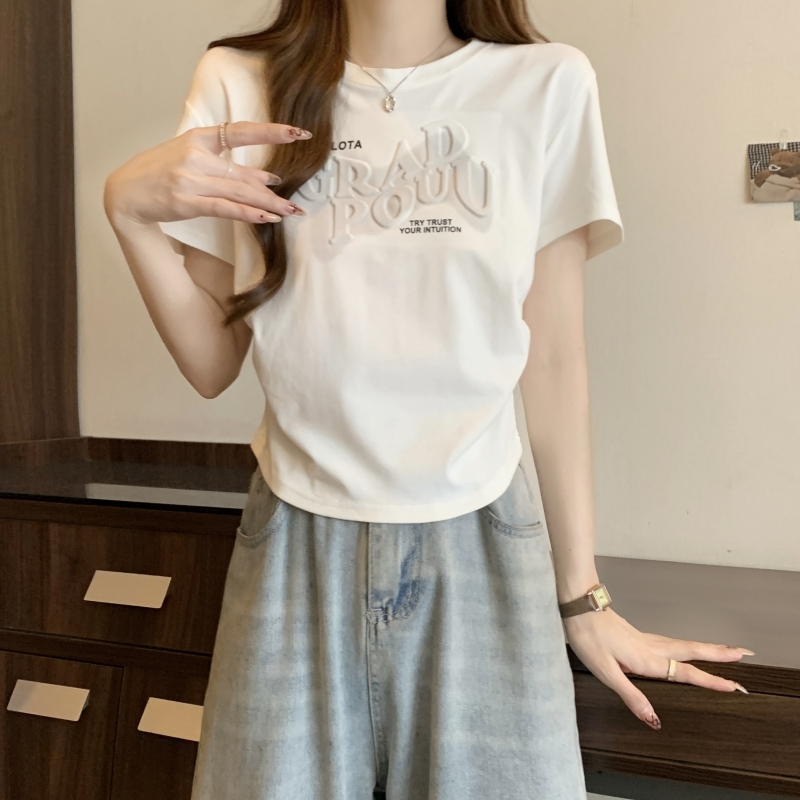 實拍  40支純棉 2024夏裝發泡印花設計感小眾短袖T恤女上衣