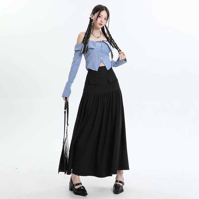 實拍2024春夏小香風百褶拼接傘裙女顯瘦a字半身長裙