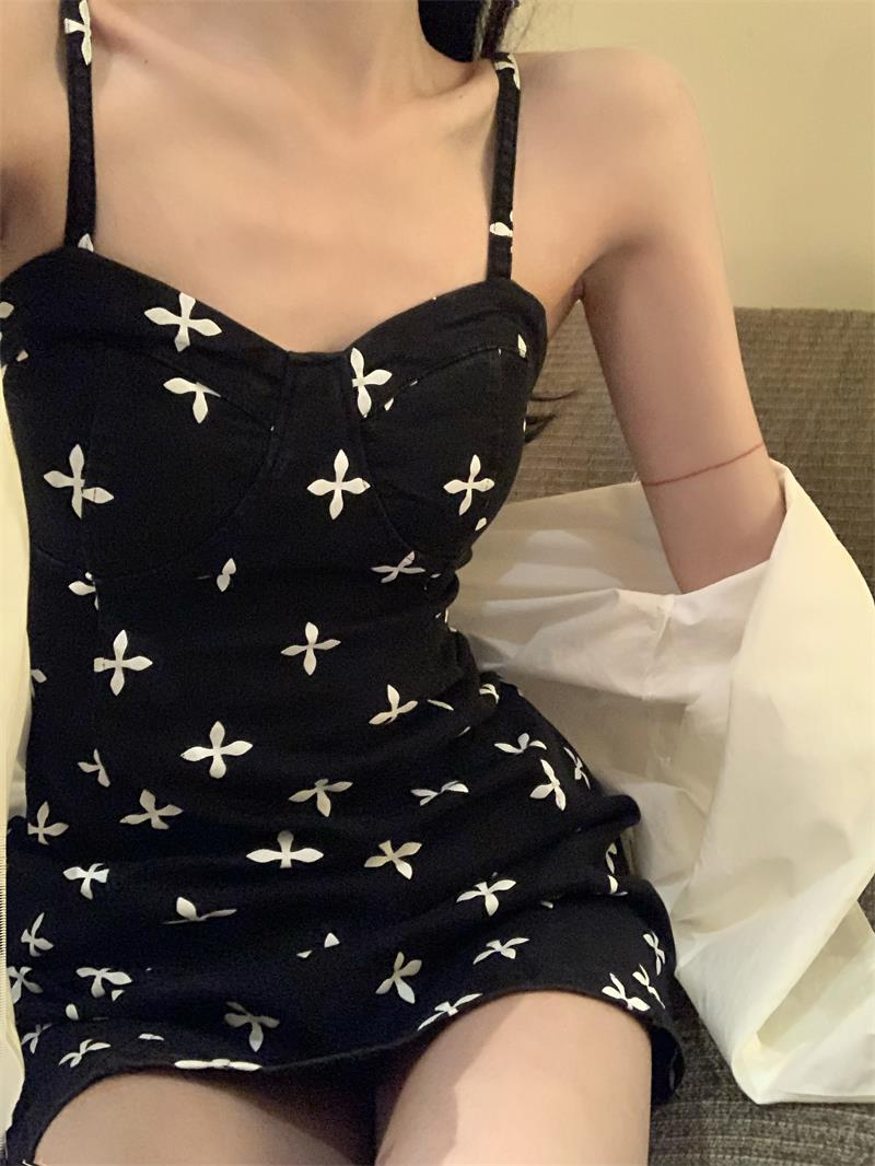 Bow print hip-hugging dress for women summer sexy low-cut strappy A-line skirt short skirt beach skirt