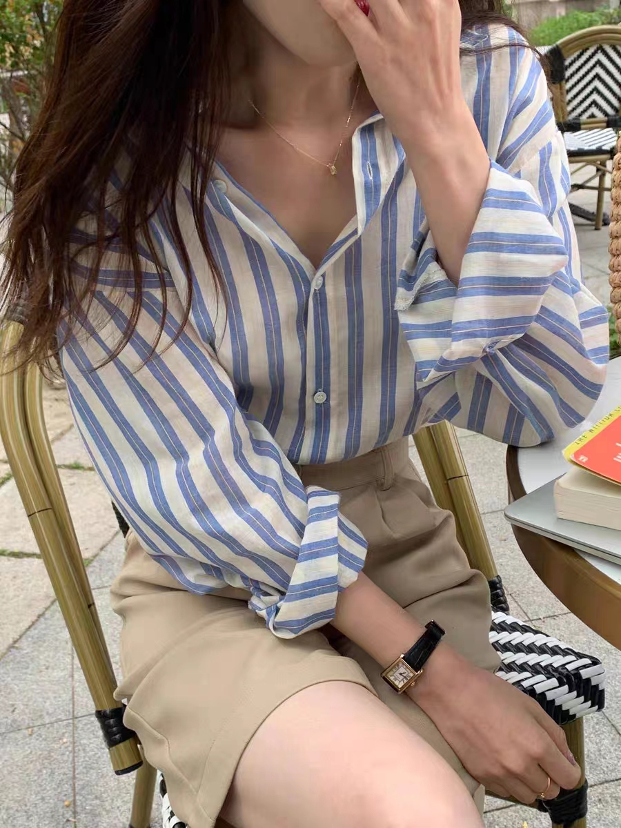 POLO領藍白條紋別致襯衫女早秋韓版設計感穿搭雪紡長袖襯衣