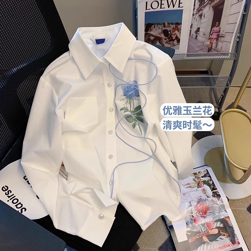 設計感小眾玫瑰花別致工裝白色襯衫男女春秋季高級感慵懶長袖襯衣