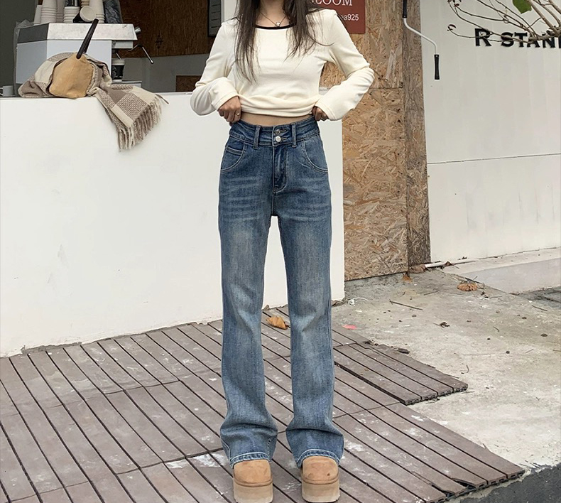 橘子樹在哪兒復古直筒微喇牛仔褲女春秋高腰窄版修身拖地褲