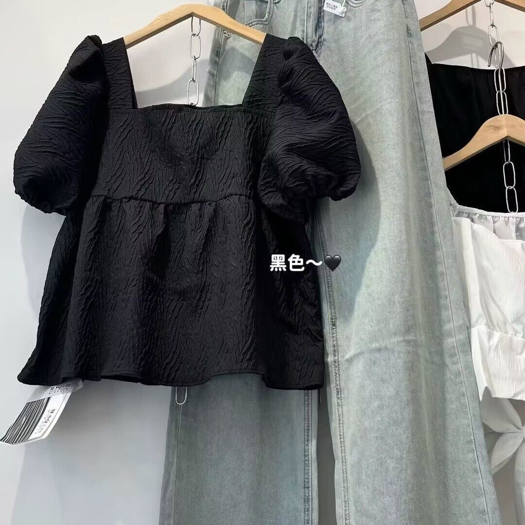 Pure desire square collar small fragrant style short-sleeved shirt for women summer new Korean style design niche solid color puff sleeve top