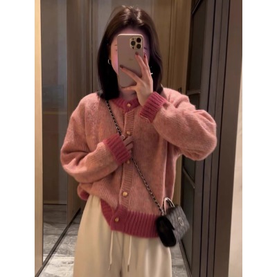 韓系小眾慵懶風軟糯毛衣女秋冬2024新款拼色圓領針織開衫外套上衣