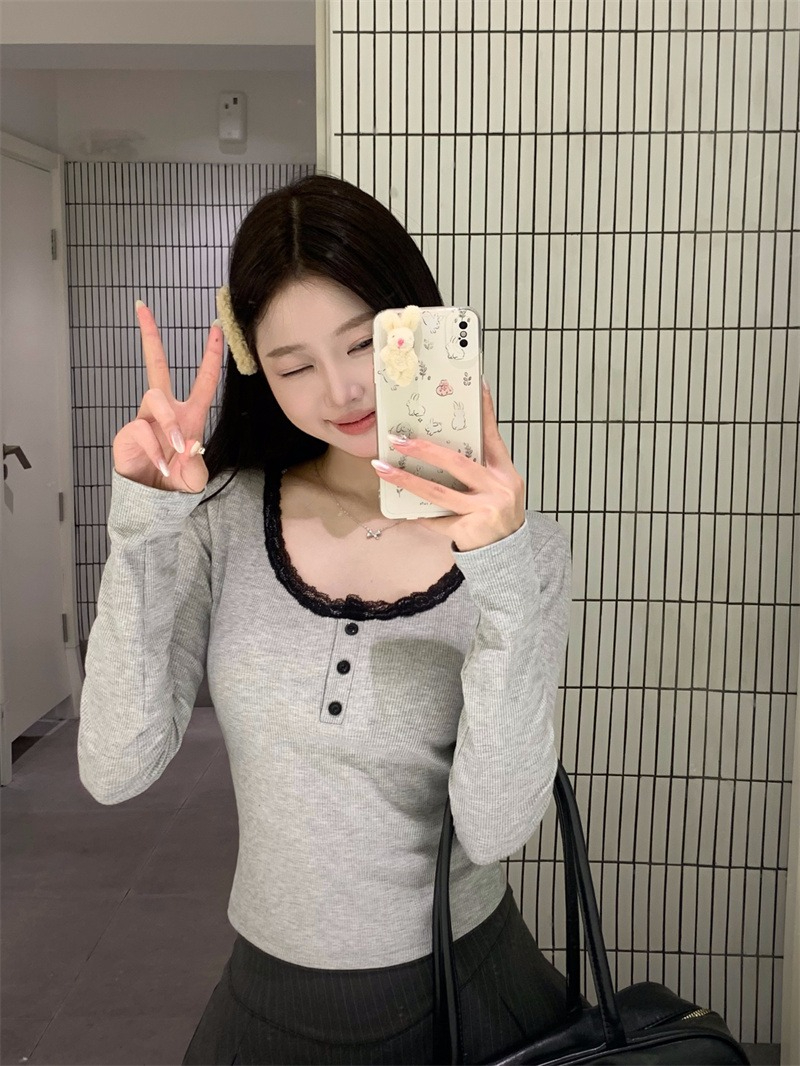 帶胸墊甜美露思~蕾絲針織打底衫冬季純欲修身內搭上衣帶胸墊
