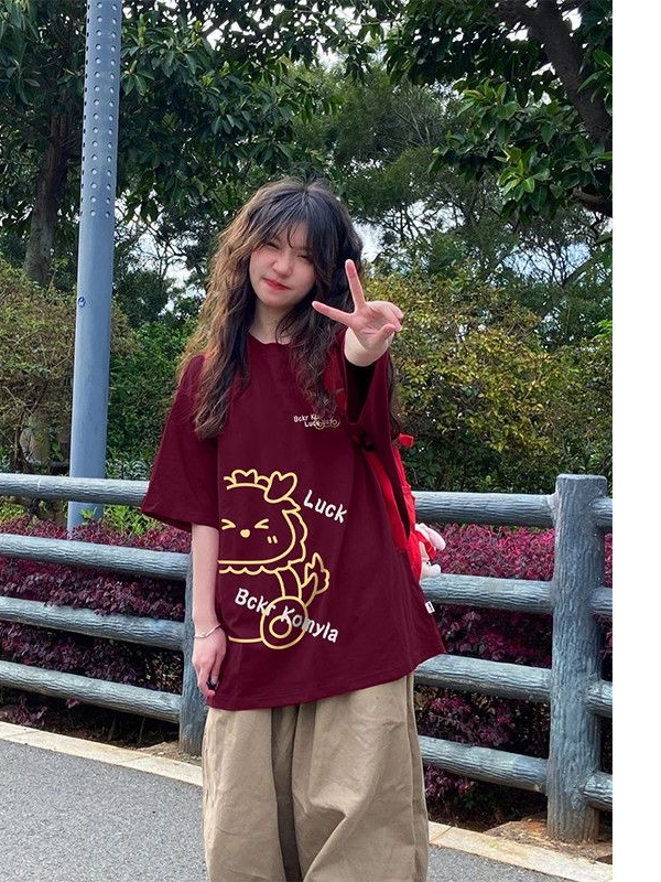 美式高街酒紅色短袖t恤女裝夏季潮牌高級感超好看上衣潮流小個子