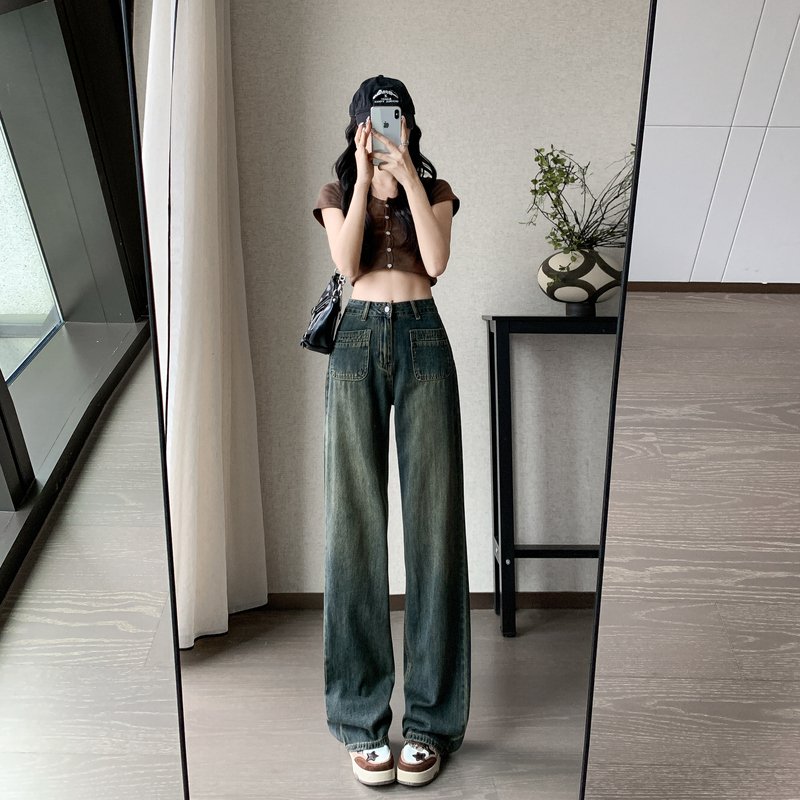 高腰闊腿牛仔褲女2024年春款前貼袋設計顯瘦寬鬆窄版直筒拖地褲子