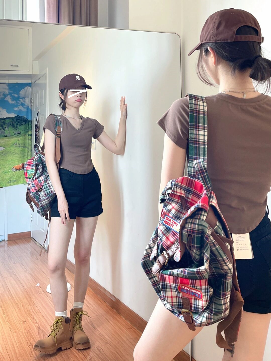 美式棕正肩短袖t恤女夏季新款小眾設計感不規則v領修身短款上衣潮