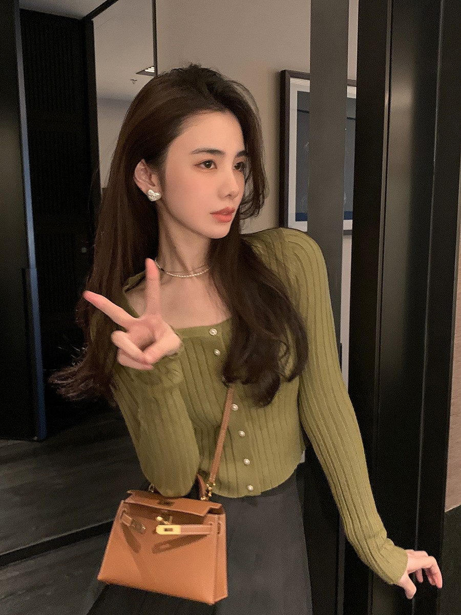2024年新款純色方領開衫長袖短款修身型設計感針織衫夏女