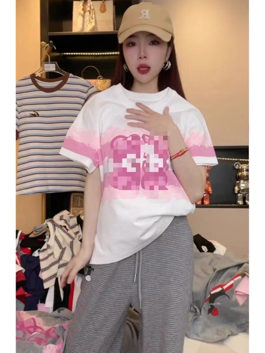 潮牌扎染印花短袖T恤女2024夏季新款時尚休閒百搭顯瘦正肩上衣潮