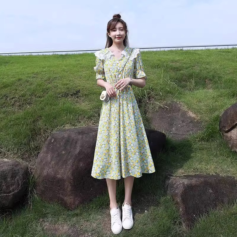 原版做工初戀碎花裙夏季娃娃領雪紡泡泡袖連衣裙氣質甜美大擺裙