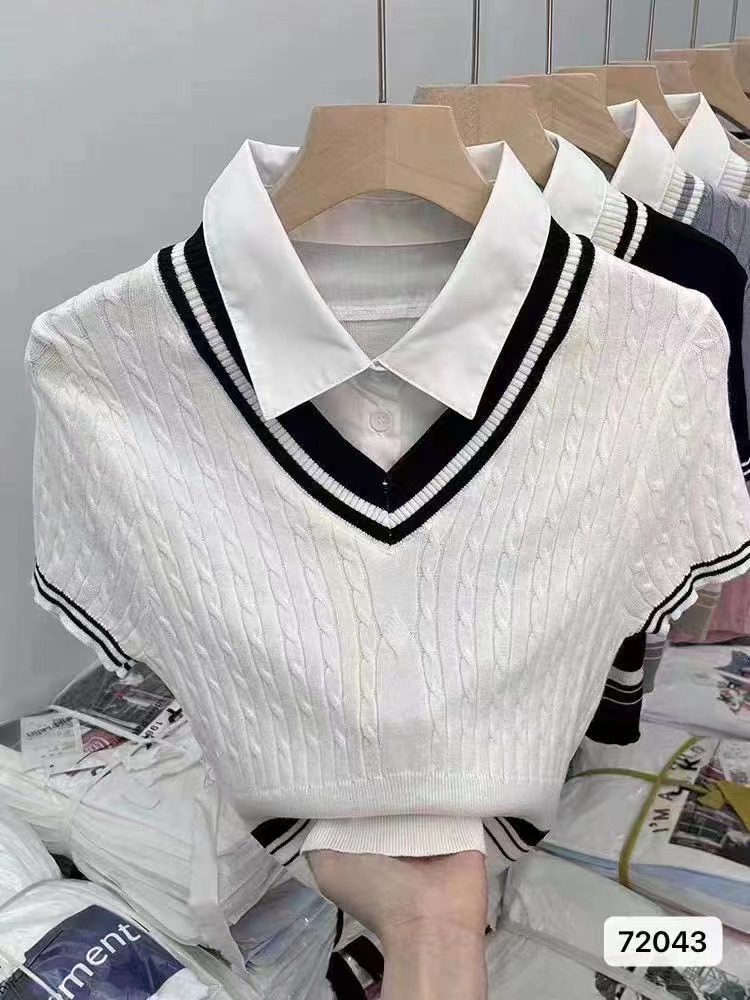 2024夏季新款韓版學院風襯衣領拼接麻花假兩件短袖上衣女