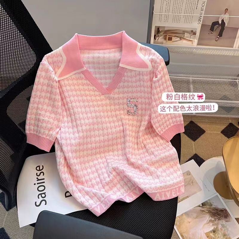 歐貨高端2024春季新款翻領鑲鑽短袖條紋提花休閒針織衫上衣女夏裝
