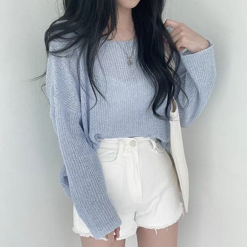 韓國chic夏季氣質圓領套頭薄款冰絲上衣寬鬆百搭長袖防曬針織衫女