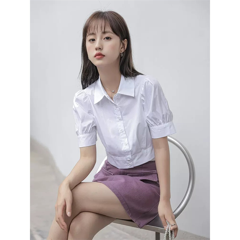 襯衫女夏季設計感小眾短袖打底衫泡泡袖內搭短襯衣白色短款上衣女