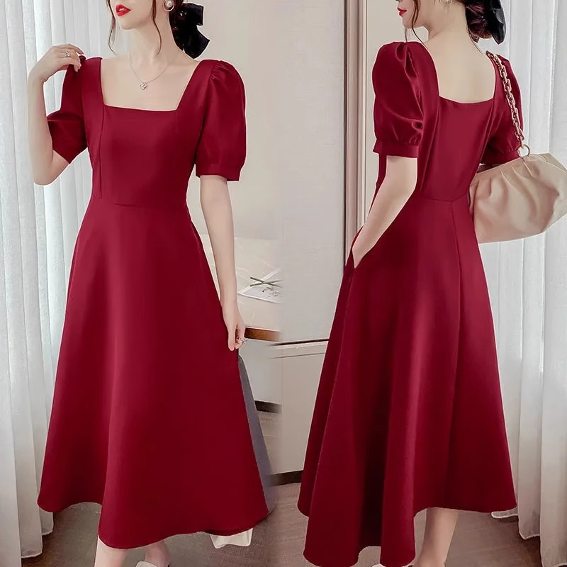 French retro square collar red dress for women summer new style waist slimming temperament knee length