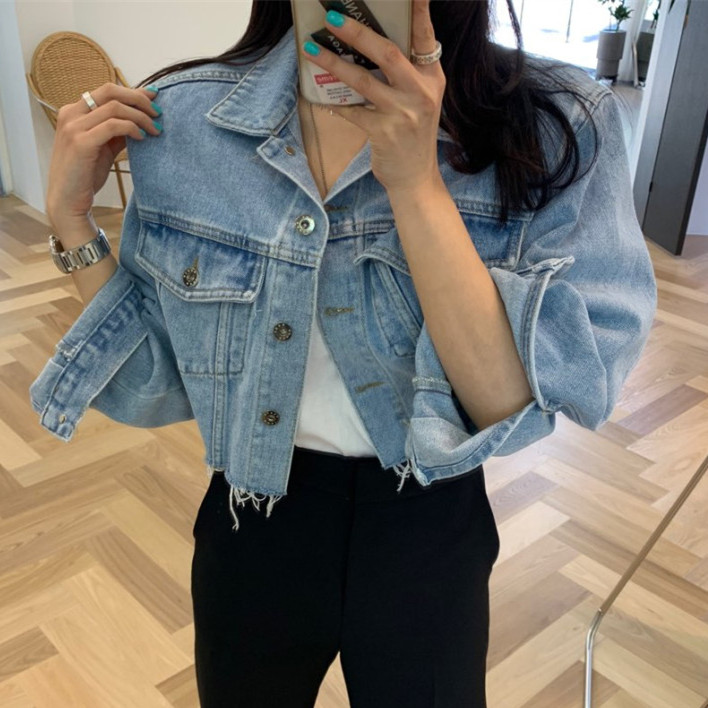 毛邊短款寬鬆休閒牛仔外套高腰夾克衫