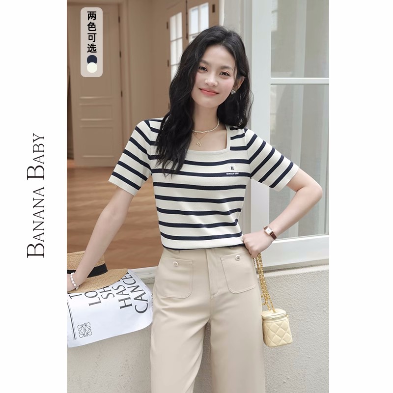 法式復古條紋短袖針織衫女夏季撞色氣質方領T恤設計感小眾上衣薄